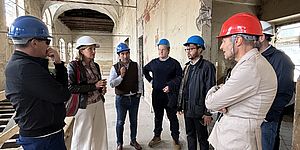 Il sindaco Biancani, l'assessore Pozzi e i professionisti del Comune durante il sopralluogo nei cantieri dei contenitori culturali della città