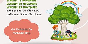  immagine di bambini che studiano sotto un albero disegno è visibile l'arcobaleno e alcuni oggetti scolastici. 