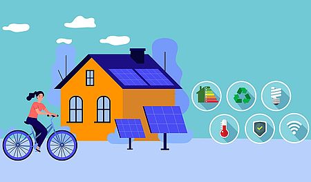 Casa con pannelli fotovoltaici bicicletta