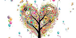 albero con chioma aforma di cuore con piuù colori, palloncini, fiori e farfalle